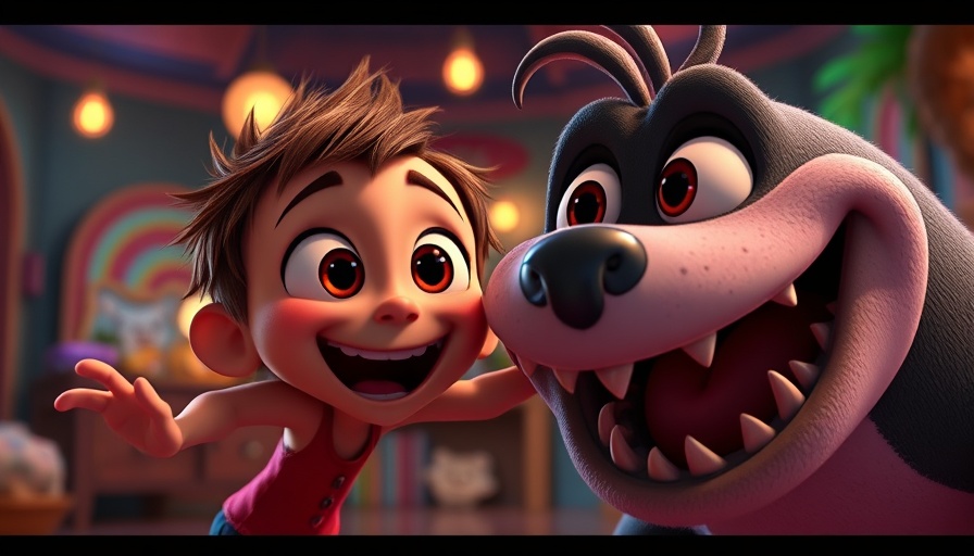 Playful Pixar-style characters having fun in a whimsical setting.