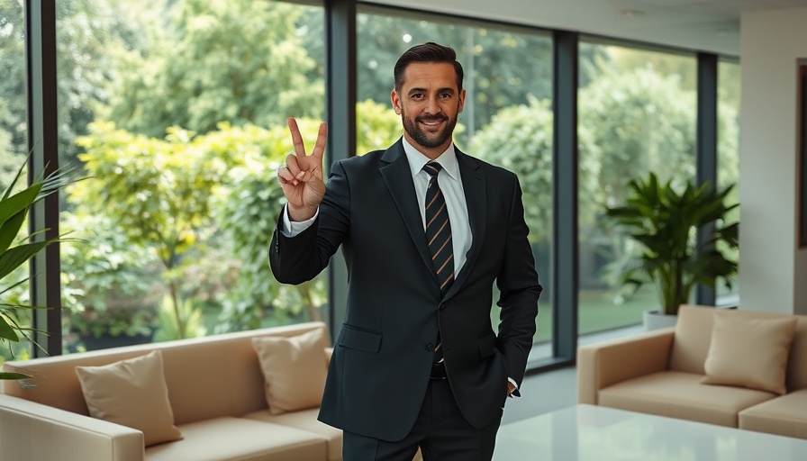Businessman in modern office with garden view, peace gesture.