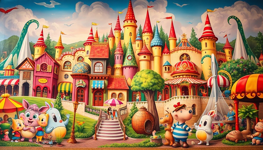 Colorful frisco theme park murals depicting a fantasy scene.