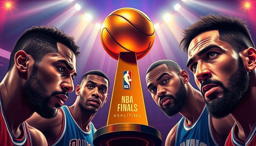 Dynamic artwork of NBA Finals Game 7 with intense players and trophy.