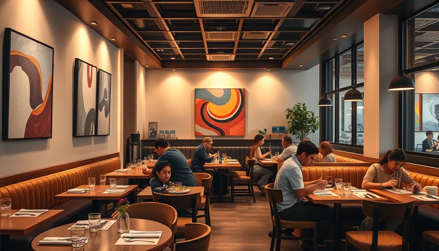 Cozy modern restaurant interior in Plano with warm lighting.