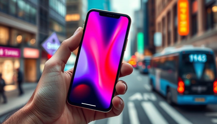 Modern smartphone with vibrant display showcasing features in cityscape