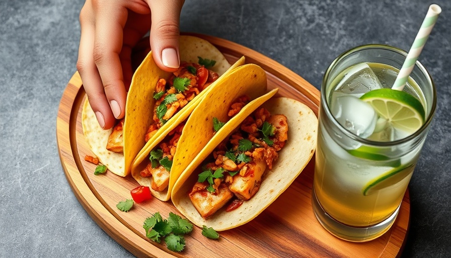 Appetizing kung pao salmon tacos with garnish and drink.