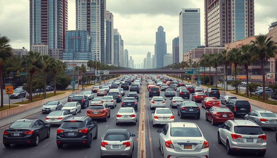 Dense urban traffic in California under cloudy skies