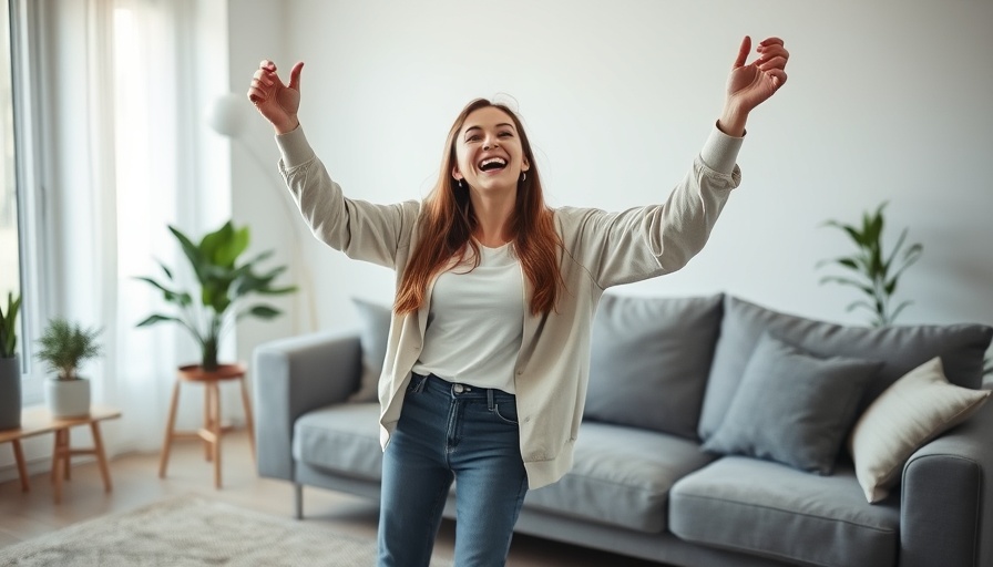 Joyful woman celebrating self-esteem after weight-loss surgery in living room.