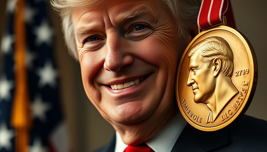 Smiling individual and Nobel Prize medal, patriotic theme.