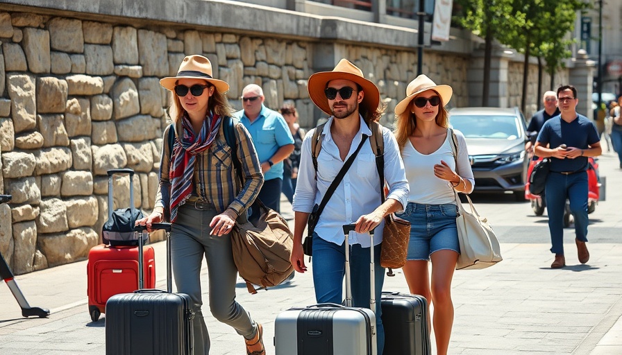 Travelers walking with luggage on a busy street, US news headlines.
