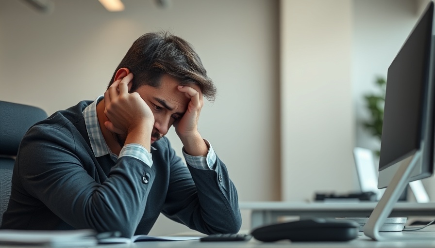Young man stressed at desk, potential GLP-1 therapy subject.