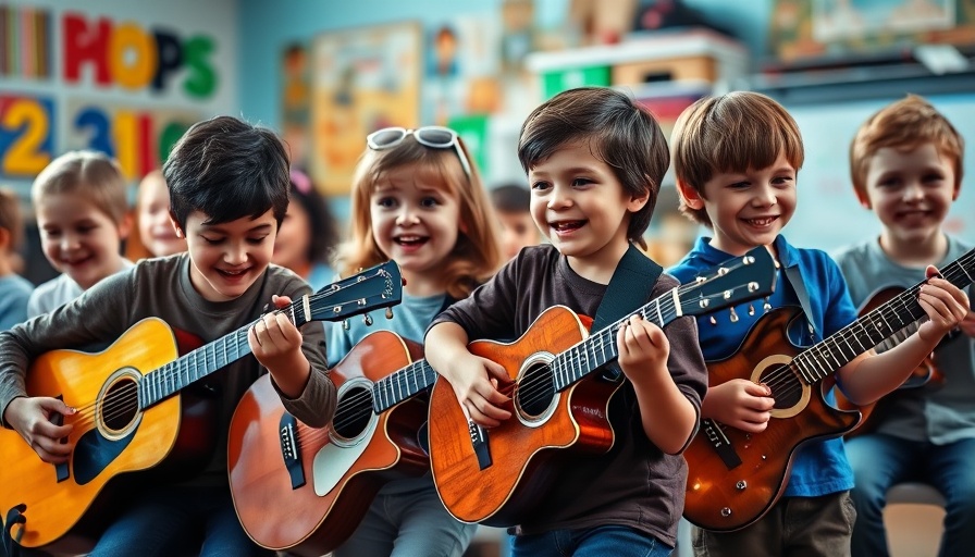 Beat 4 Beat music education in Austin with children playing guitars joyfully.