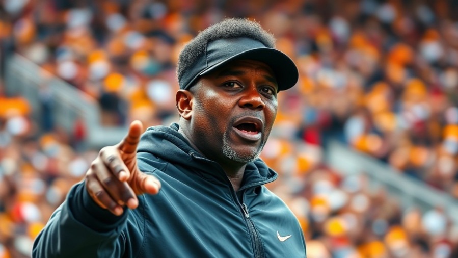Focused black college football coach gestures energetically amid vibrant Michigan football news.
