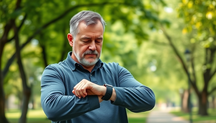 Man checking fitness tracker in park, fitness trackers for obesity.