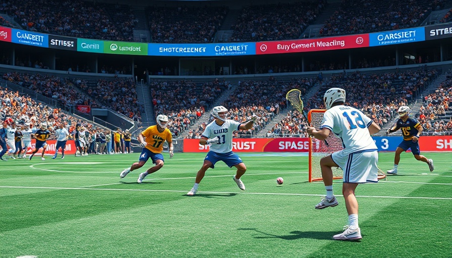 Intense lacrosse match action, players around goal, What a hit NFL impact.