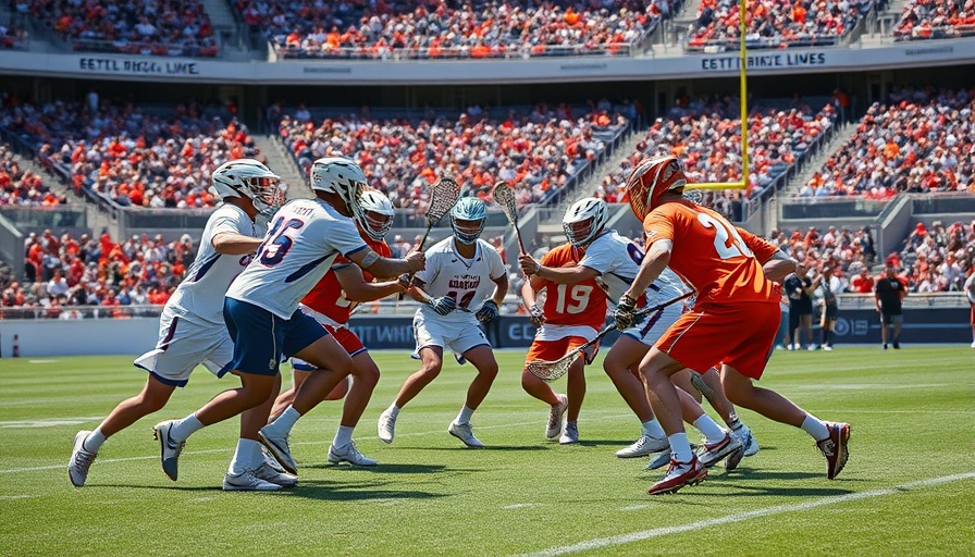Lacrosse faceoff with dynamic sports action in a full stadium.