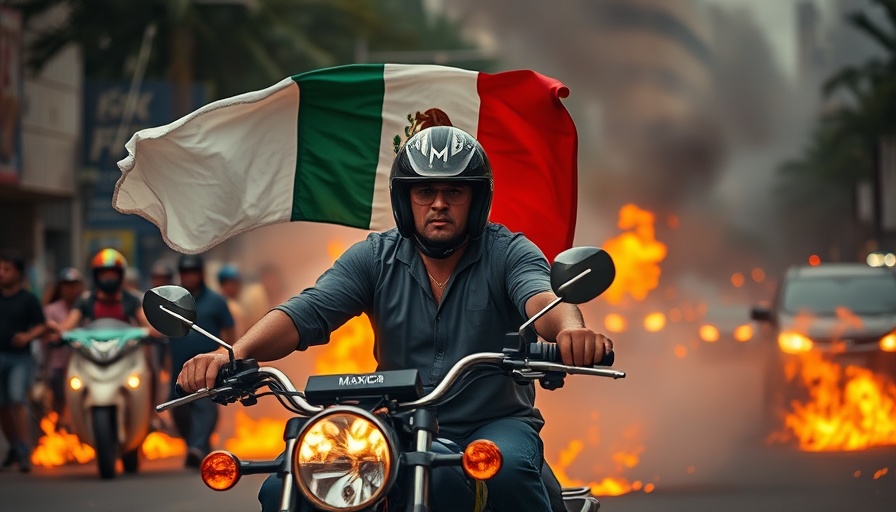 Los Angeles protest featuring motorcyclist with Mexican flag amid fire and smoke.
