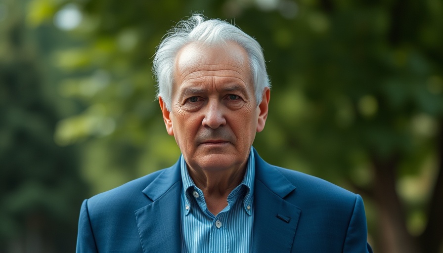 Elderly man in blue suit standing outdoors with serious expression.