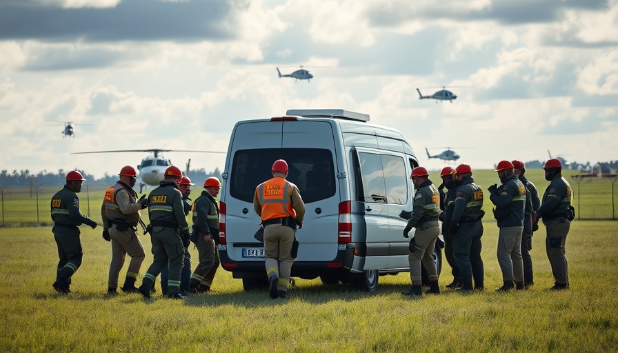 Rescue operation scene with emergency responders and helicopters in Brazil.