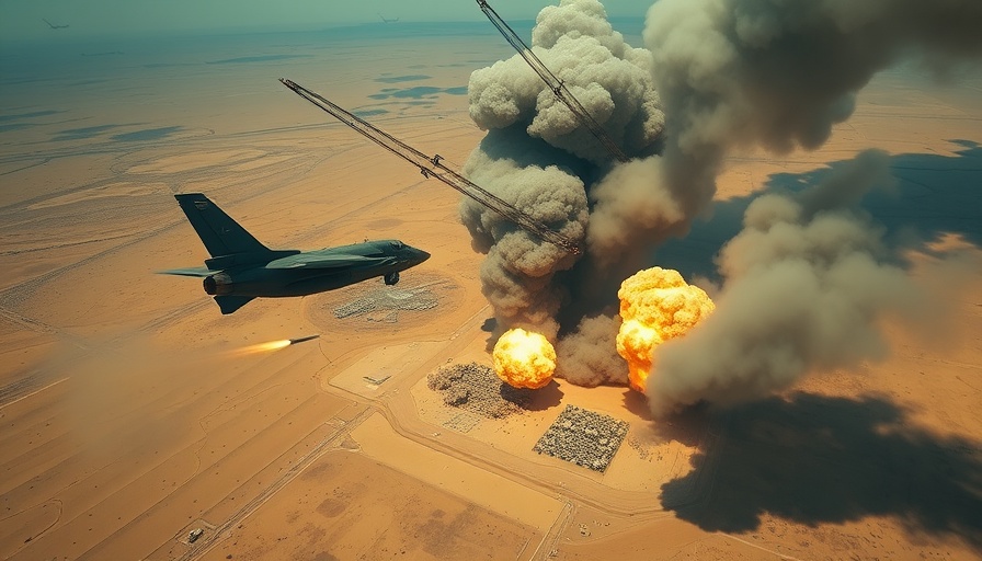 US strikes on Iranian nuclear sites with explosions and desert landscape.