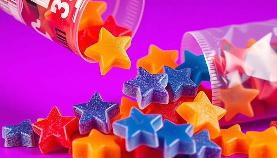Colorful gummies pouring into hand, vibrant startup packaging.