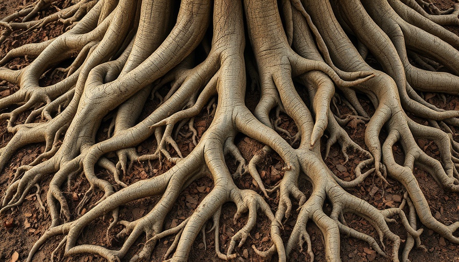 Intricate sprawling tree roots for deep roots carbon storage.