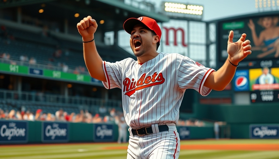 Enthusiastic baseball fan shows humor in sports, lively celebration.