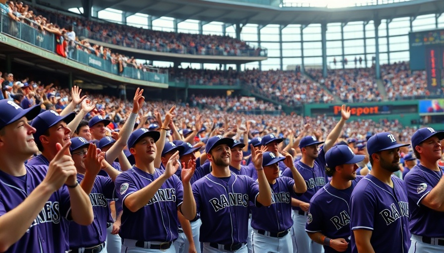 Baseball players in purple interact with fans in stadium, MLB standings.