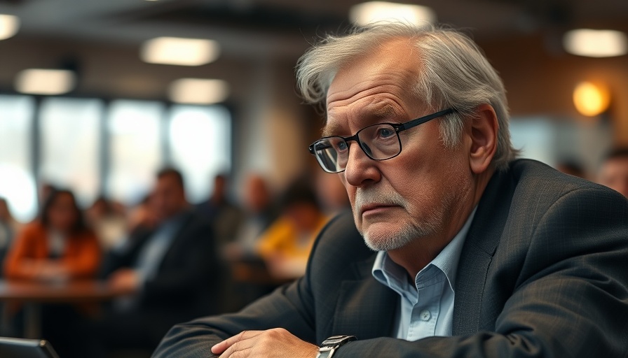 Elderly man at a table discussing topics, related to government of billionaires.
