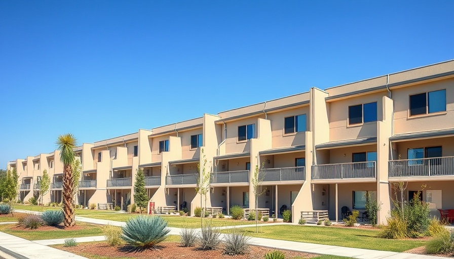 Modern affordable housing in Austin with natural landscaping.