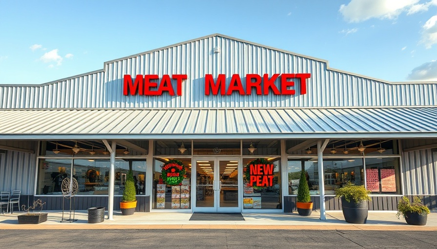 Hometown Meat Market expansion with modern facility and outdoor decor.