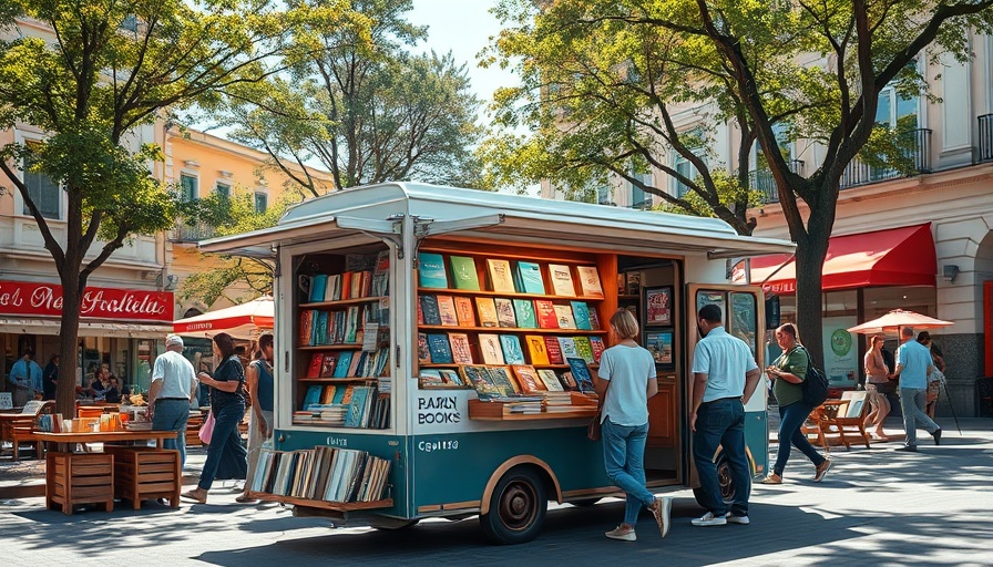 Mobile bookstore on a sunny street with vibrant books.