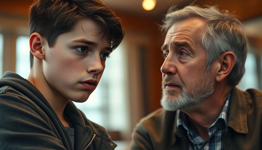 Teenage boy talking with an older man, reflecting serious conversation related to children of veterans with PTSD.
