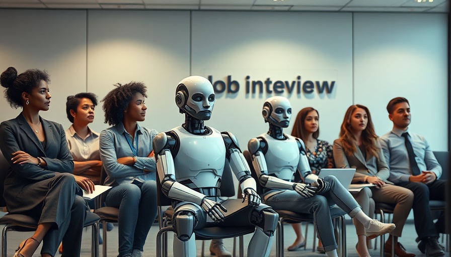 Humanoid robot and people in job interview waiting room, half of today's jobs could vanish scenario.