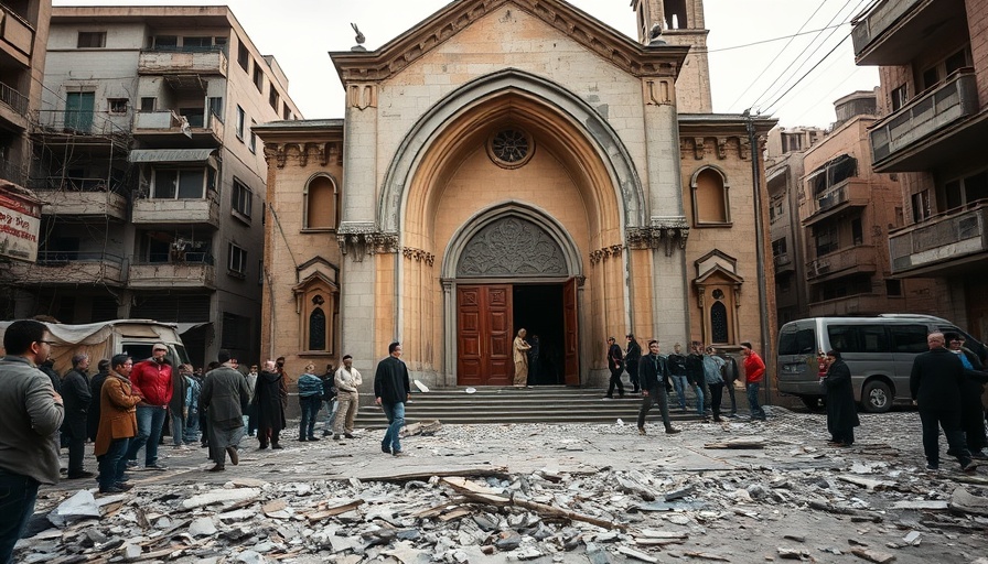 Damaged church in Damascus after ISIS attack with debris.