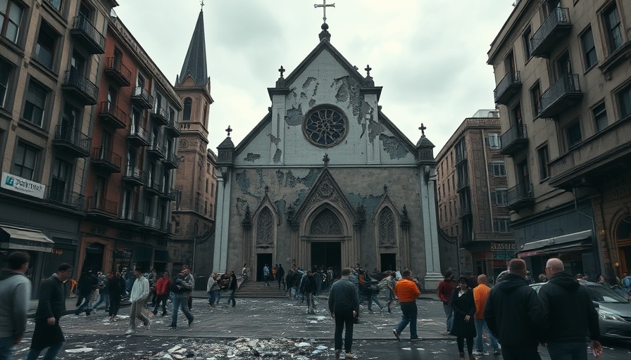 Damaged church in Syria after ISIS bombing, people gathered.