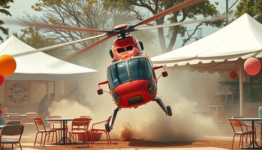 Helicopter incident investigation scene at a cafe with a crash in the background.
