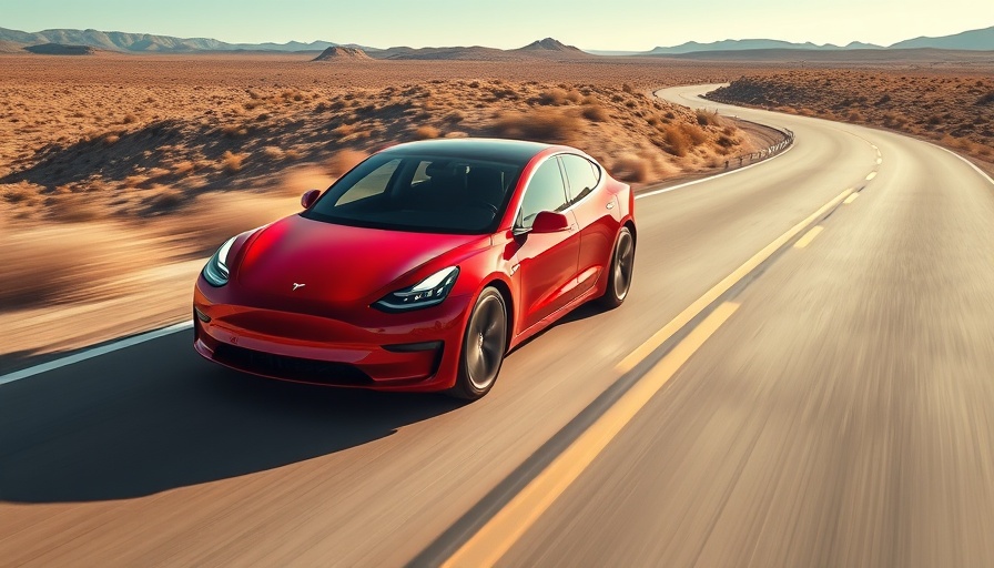 Tesla robotaxi service Austin concept, red Tesla on a road.