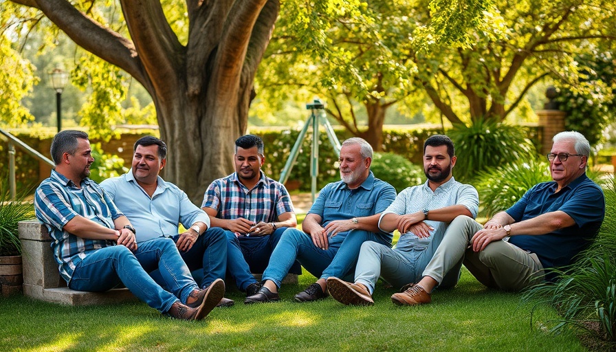 Group of six men in a lush garden setting, Maroon 5 concert Austin 2025.