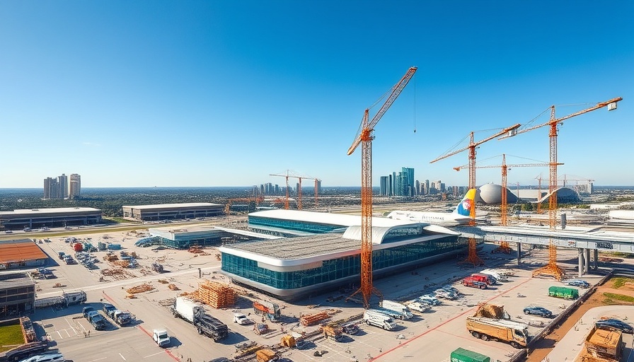 Aerial view of Austin Airport expansion, construction in progress.