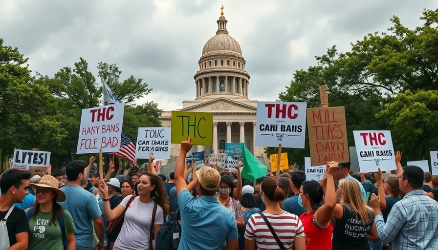 Protesters with signs against Texas THC Ban Veto in front of Capitol.