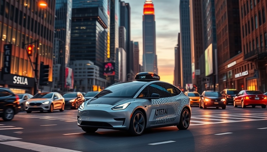 Austin Tesla Robotaxis in a vibrant city backdrop at dusk.