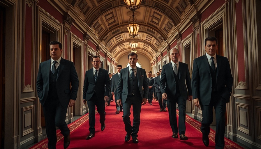 Group of men walking solemnly down a red-carpeted hallway.
