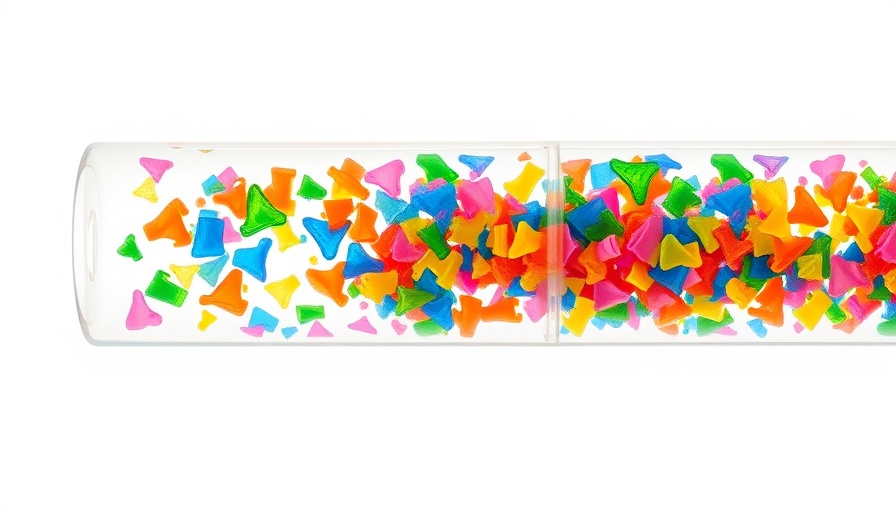 Colorful plastic fragments in a test tube representing toxic chemicals in recycled plastic.
