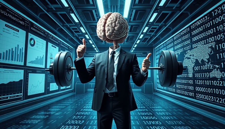 Surreal image of a businessman with a brain head lifting weights, symbolizing AI workplace impact on workers.