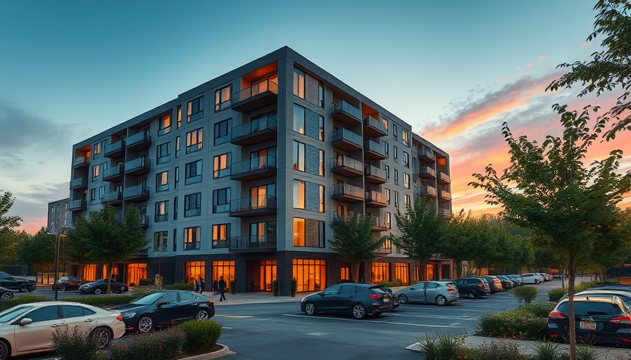 Affordable housing Austin complex at dusk with parked cars and sunset.