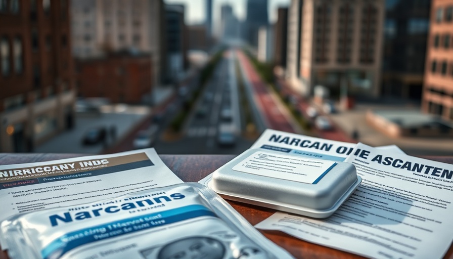 Narcan kit on table amid Austin opioid crisis backdrop.