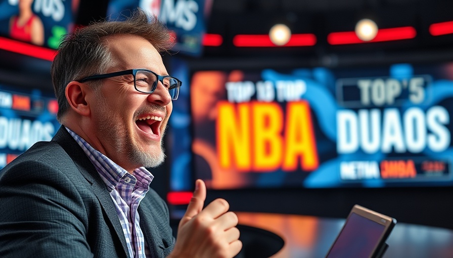 Dynamic sports commentator discussing NBA Duos in studio setting.
