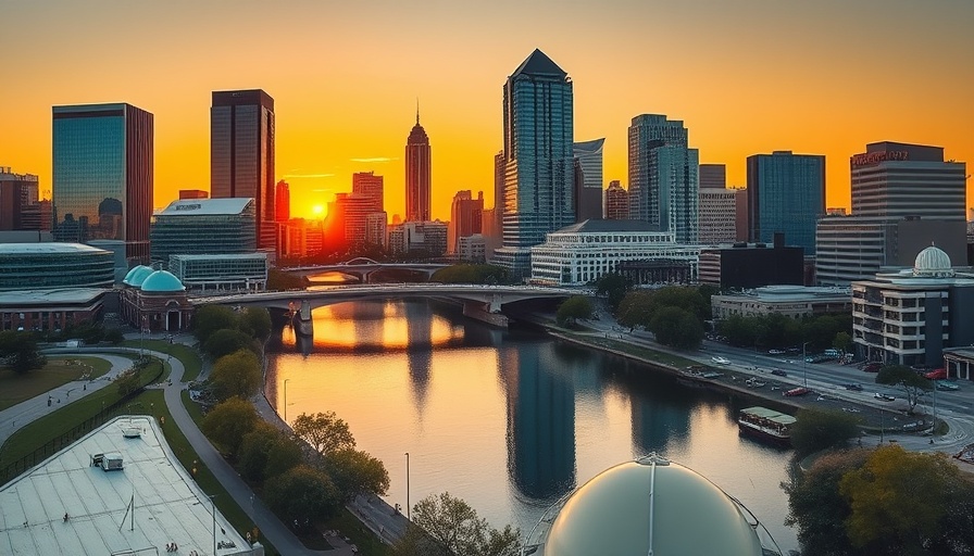Downtown Austin skyline at sunset reflecting on the river.