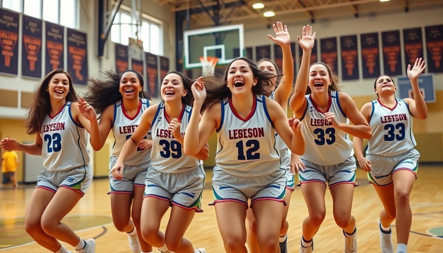 Energetic female basketball players celebrating on court.