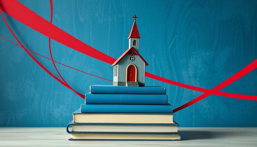 Surreal collage of church on books symbolizing public school prayer.