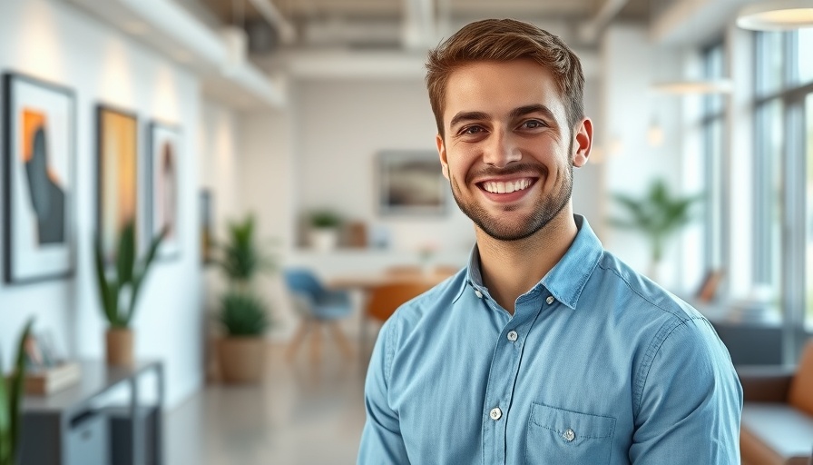 Friendly young man smiling in modern office setting, Austin startups.