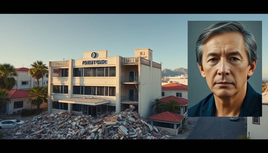 Extensively damaged fertility clinic building with debris.